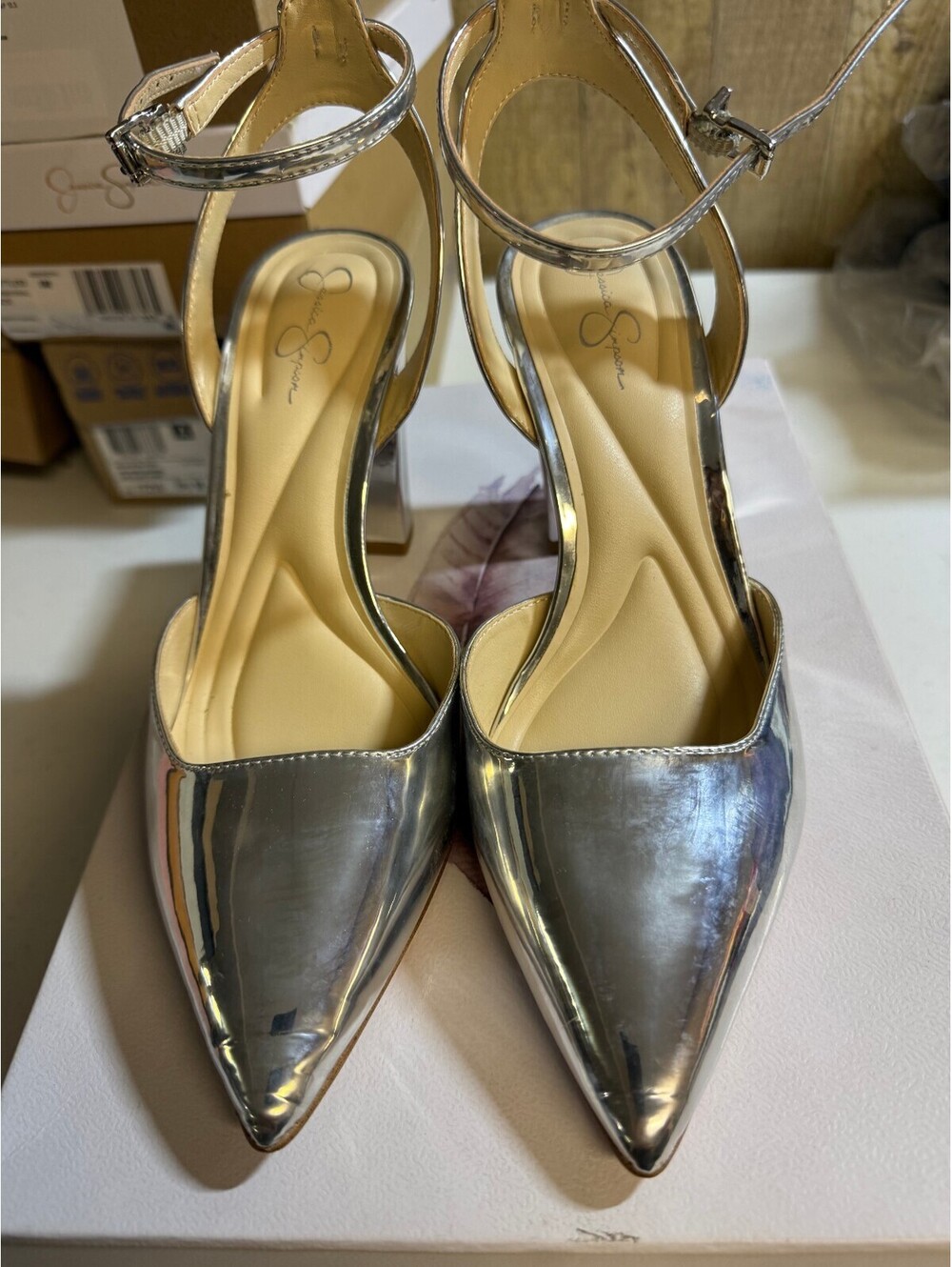 Jessica Simpson JP-NORIELLE3 Silver Mirror Metallic Ankle Strap Pumps Size 8M